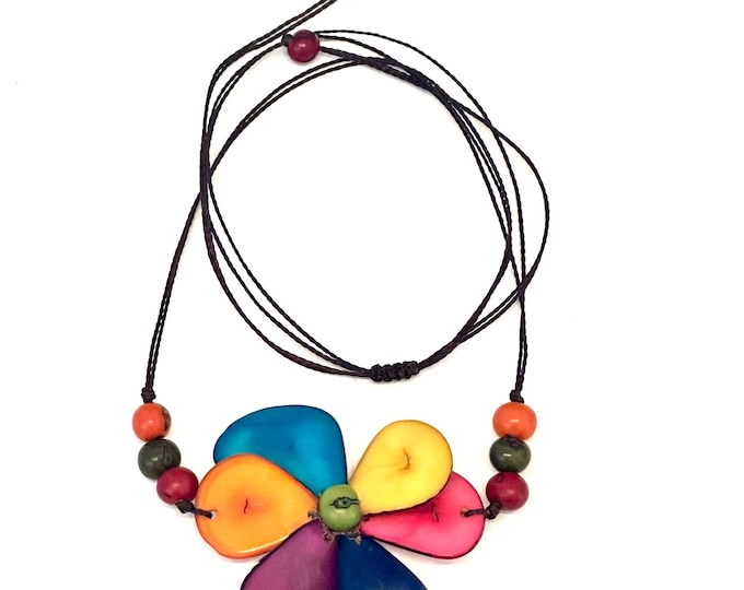 Colorful Tagua Nut Flower Pendant Necklace,  Adjustable Boho Chic Jewelry