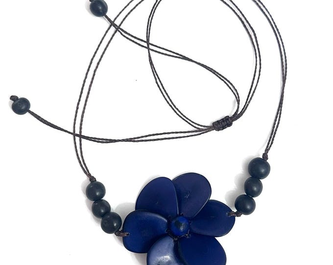 Blue Tagua Nut Flower Necklace,  Adjustable Boho Chic Jewelry