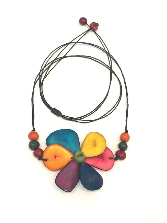 Colorful Tagua Nut Flower Necklace ,  Adjustable Boho Chic Jewelry