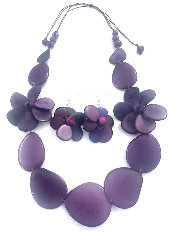 Tagua Flower Necklace and Earrings Set | Adjustable Boho Statement Jewelry