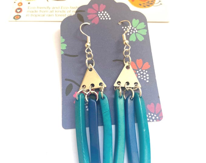 Tagua Nut Stick Earrings (Turquoise and Blue Color)
