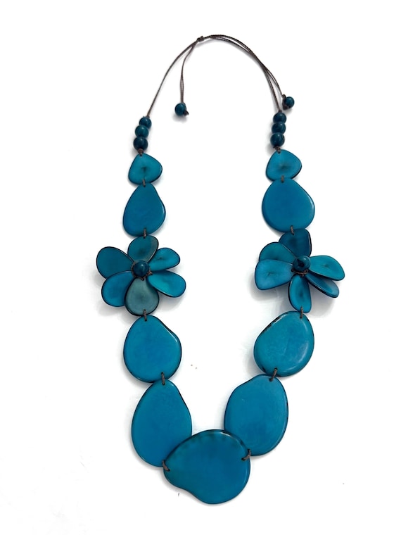 Teal Tagua Flower Necklace | Adjustable Boho Statement Jewelry