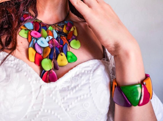 Tagua Nut Bib Necklace: Multicolored Boho Statement Jewelry