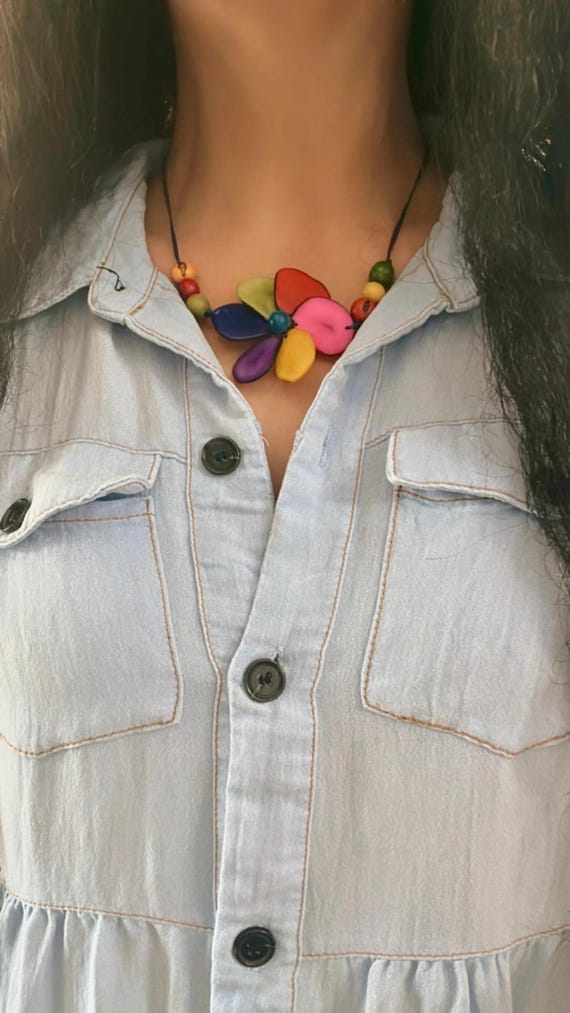 Colorful Tagua Nut Flower Pendant Necklace,  Adjustable Boho Chic Jewelry