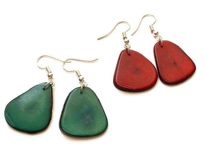 Tagua Nut Earrings, Colorful Earrings, Christmas Season, Green and Red