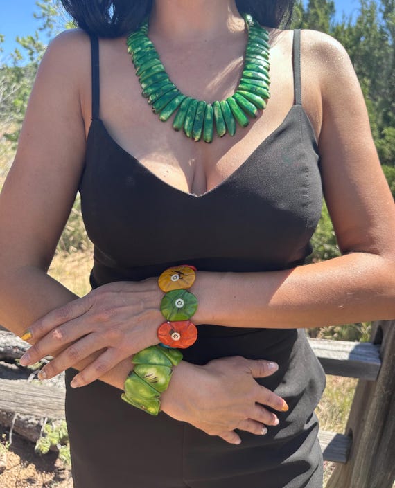 Green Tagua Bib Necklace - Handmade Boho Statement Jewelry