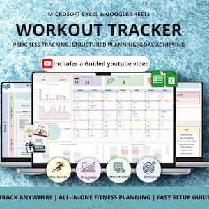 Peut inclure: Un suivi d'entraînement numérique affiché sur trois écrans, avec le texte "WORKOUT TRACKER" et "PROGRESS TRACKING | STRUCTURED PLANNING | GOAL ACHIEVING". Comprend une vidéo YouTube guidée et des icônes pour les entraînements, la progression, la planification structurée et l'atteinte des objectifs.