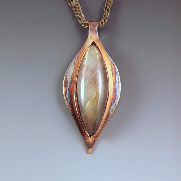 Labradorite Marquise- Peach and Gold Fire- Super Sweet and Pretty- Nature Inspired- Metal Art Pendant- One of a Kind- Labradorite Necklace