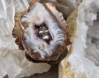 Geode Necklace- Amethyst Crystals- Druzy Agate- Mixed Metal- Patrician Art- Colorful Patina- Metal Art Necklace