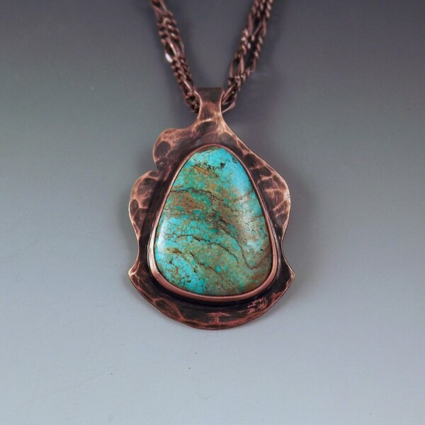 Turquoise & Copper Pendant- Hammered Copper with Patina- Antiqued- Abstract Design- Metal Art Necklace