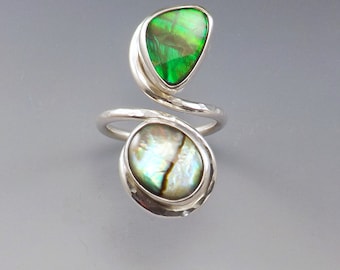 Ammolite & Abalone Ring- Hammered Sterling Silver Swirl- Adjustable Size- Ammolite Ring