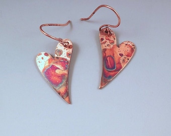 Copper Patina Heart Earrings- Christmas Gift- Stocking Stuffer