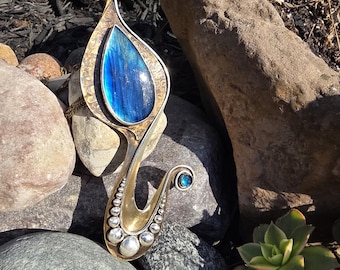 Blue Labradorite Necklace London Blue Topaz- Seahorse- Mermaid- Oceanic- Mixed Metal Art Statement Necklace- by RedPaw