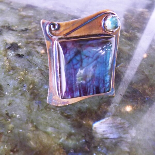Purple Labradorite and Blue Topaz- Magic Mirror- Multi Color Swirl Patina- One of a Kind- Metal Art- RedPaw Statement Ring