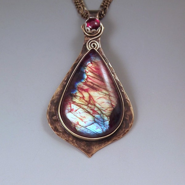 Labradorite and Garnet- Spectrolite- Rainbow Labradorite- Smoky Bronze Patina- Metal Art by RedPaw- Labradorite Necklace
