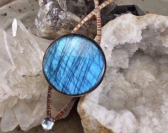 Blue Labradorite Copper Necklace- Full Moon- Powerful Talisman- Warrior Chic- Rustic Elegance- Made with Love-Labradorite Statement Necklace