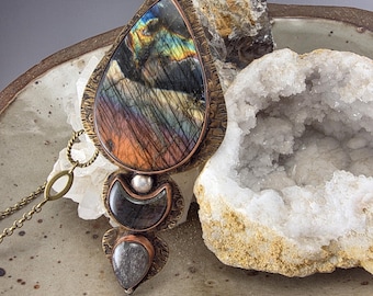 Spectrolite and Labradorite Totem Necklace- Mixed Metal - Goddess Necklace- RedPaw Original- Metal Art Statement Pendant/Necklace