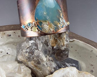 Plume Agate/ Turquoise Cuff- Mixed Metal- Warrior Chic- Rustic- Boho- Tribal- Copper Statement Bracelet by RedPaw