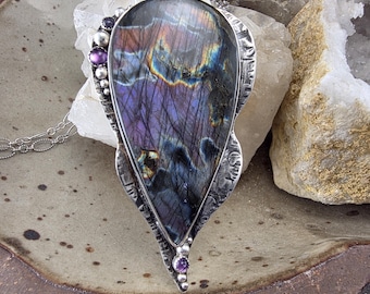 Purple Labradorite Necklace- Amethyst- Tanzanite- Sterling Silver Statement Necklace by RedPaw