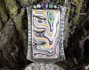 Fordite Necklace- 1960's Detroit Agate- Amethyst- Chrysoprase- Michigan Made- Silver Fordite Necklace
