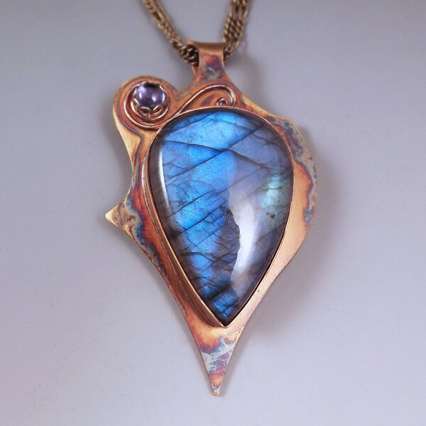 Labradorite & Iolite- Stunning Blue- Abstract Design- Metal Art Pendant- One of a Kind- Labradorite Necklace