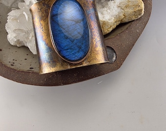 Blue Labradorite Bracelet- Rainbow Patina- Warrior Chic- Metalsmithed- Labradorite Cuff Bracelet