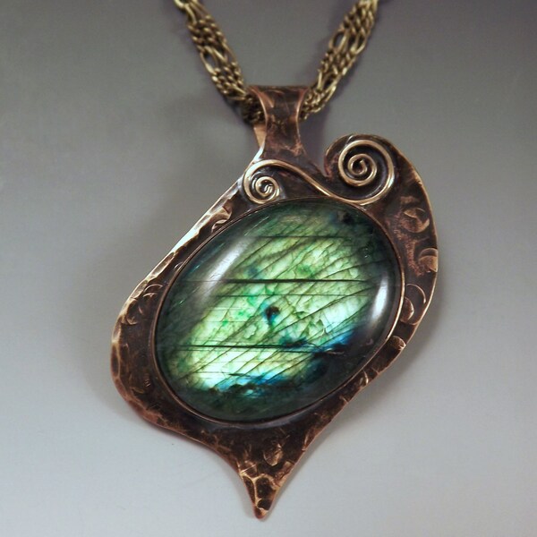 Reserved for Aileen-Emerald Green Labradorite- Smokey Bronze Patina- Metal Art Pendant Necklace