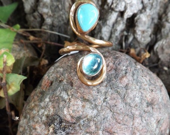 Apatite and Turquoise- Hammered Copper Swirl Ring- Double Stone- Boho Chic- Apatite and Turquoise Ring