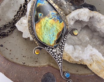 EPIC Labradorite Mixed Metal Necklace-Divine Goddess- Queen's Necklace- Strength and Purpose- Opal- Apatite- Metal Art Necklace by RedPaw