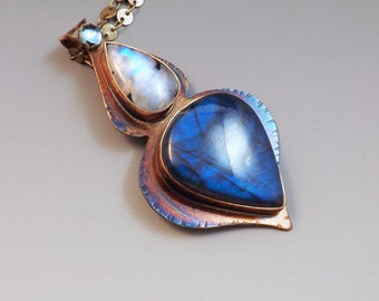 Labradorite & Moonstone Necklace- Beautiful Blue- Blue Topaz- Magical Gem- Blue Fire- Metal Art Pendant- One of a Kind- Labradorite Necklace