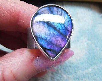 Purple Labradorite Ring- Hammered Sterling Silver- One of a Kind- Silver Ring