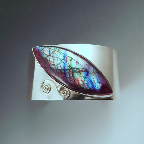Red Rainbow Labradorite Marquise- Abstract Design- Sterling Silver Cuff - Statement Bracelet
