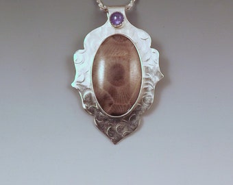 Michigan Petoskey Stone and Tanzanite Pendant- Lotus Flower- Michigan Made- State Stone- Fossil- Petoskey Necklace