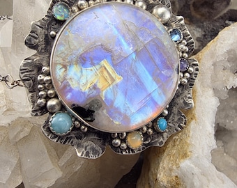 Rainbow Moonstone 9 Gem Necklace- Magical Flower- Tanzanite- Blue Topaz- Sleeping Beauty Turquoise-Opal-Larimar- Silver Necklace by RedPaw