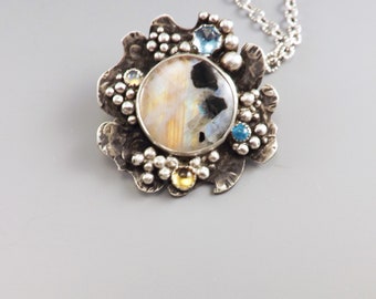 Rainbow Moonstone Necklace- Magical Flower- Blue Topaz- Opal- Citrine- Apatite- Silver Necklace by RedPaw