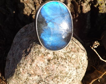 Blue Labradorite Ring- Rainbow Patina- Mystical Blue- One of a Kind- Handmade- Silver Statement Ring