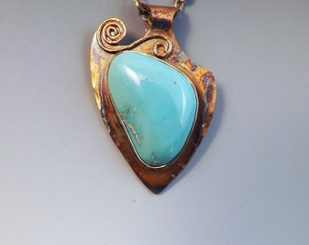 Turquoise Necklace- Merlin's Gold- Boho Chic- Rainbow Patina- Handmade- Metalsmithed- One of a Kind-  Metal Art Pendant/Necklace