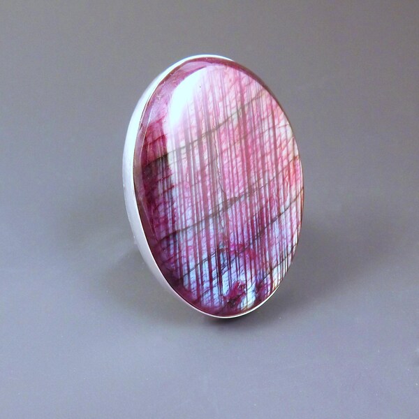 Red Purple Labradorite- Rainbow Fire- Hammered Sterling Silver -One of a Kind- Huge Chunky Statement Ring