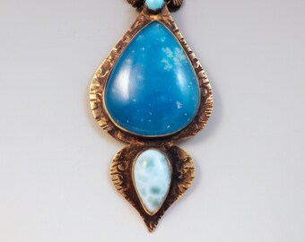 Hemimorphite, Larimar, and Turquoise Necklace- Smoky Gold- Merlin's Gold- Brass Necklace