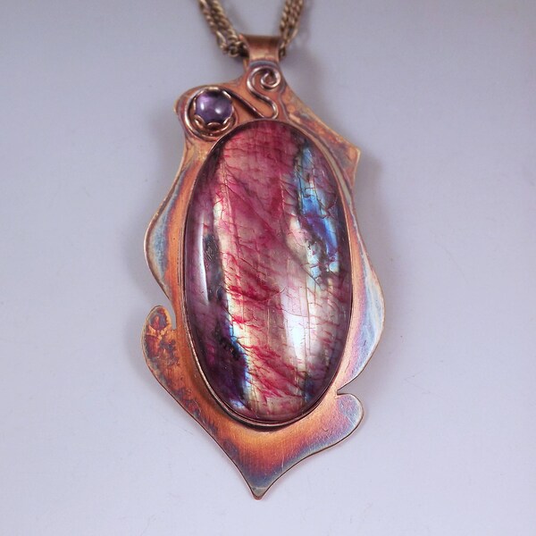 Labradorite & Iolite- Spectrolite- Abstract Design- Metal Art Pendant- One of a Kind- Labradorite Necklace