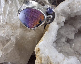 Rainbow Labradorite Ring- Tanzanite - Metal Art Silver Statement Ring by Love RedPaw