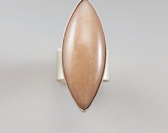 Peach Moonstone Ring- Marquise- Peach Shimmer- One of a Kind- Handmade- Silver Ring