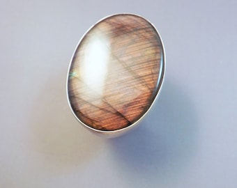 Pink Labradorite Ring- Peachy Pink- Hammered Sterling Silver- One of a Kind- Labradorite Ring