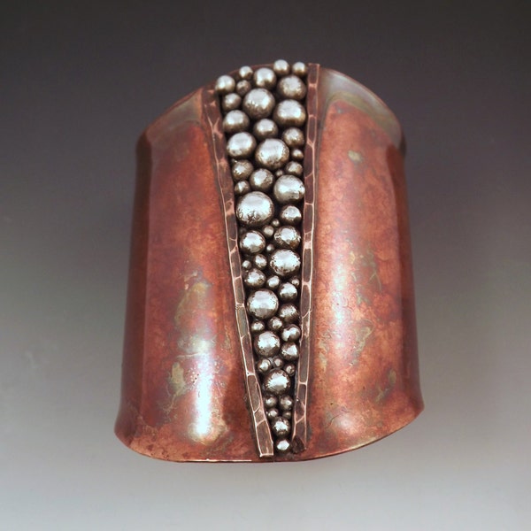 Copper Cuff - Powerful Goddess- Tribal Rustic Earthy- Boho Chic- Silver Granulation- Mixed Metal- Statement Cuff Bracelet