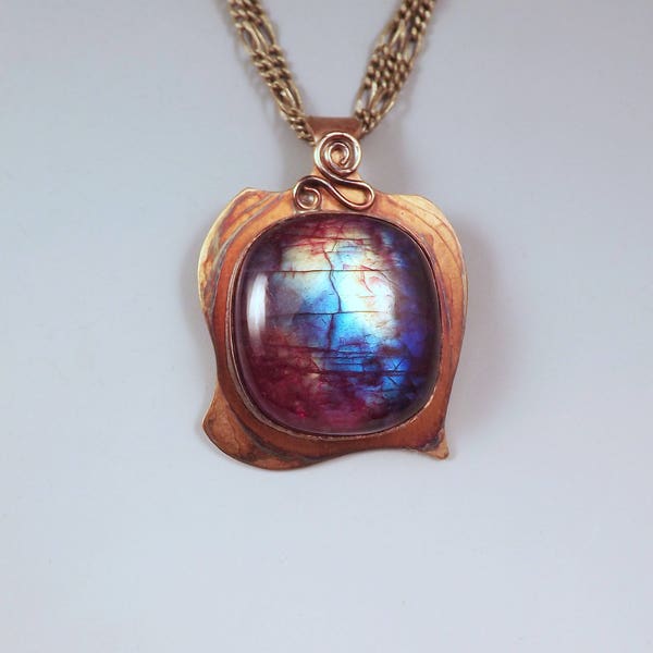 Rainbow Labradorite- Spectrolite- Rainbow Patina- Abstract Design- Metal Art Pendant- One of a Kind- Labradorite Necklace