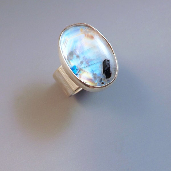 Rainbow Moonstone Ring with Black Tourmaline- Magical Light- Boho Chic- Handmade- Sterling Silver Ring