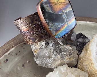 Spectrolite Cuff- Copper Cuff Bracelet- Adjustable Floral Motif Bracelet- Warrior Chic- Metalsmithed- Labradorite Cuff Bracelet