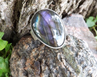 Purple Labradorite Ring- Hammered Sterling Silver- One of a Kind- Silver Ring