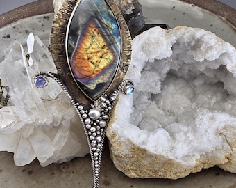 SPECTROLITE Mixed Metal Necklace- Tanzanite- Blue Topaz- Pink Tourmaline - Metal Art Necklace by RedPaw
