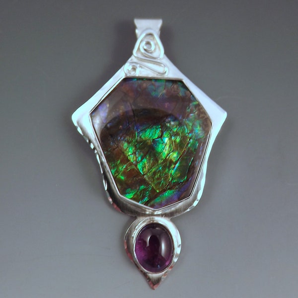 SALE- 10% Off Everything-Ammolite Green, Blue, Purple and Amethyst- Freeform Sterling Silver Statement Pendant
